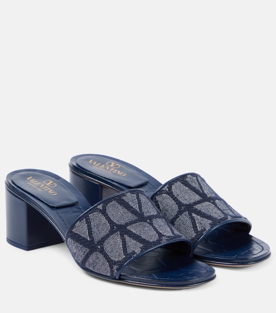 Valentino Garavani toile iconographe denim slides with leather trim, blue