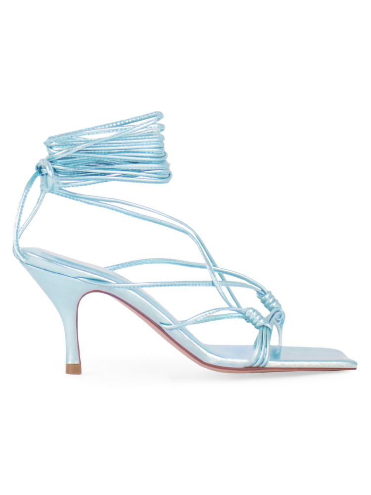 Andrea Wazen Mandaloun Leather Wrap Sandals in Metallic Blue