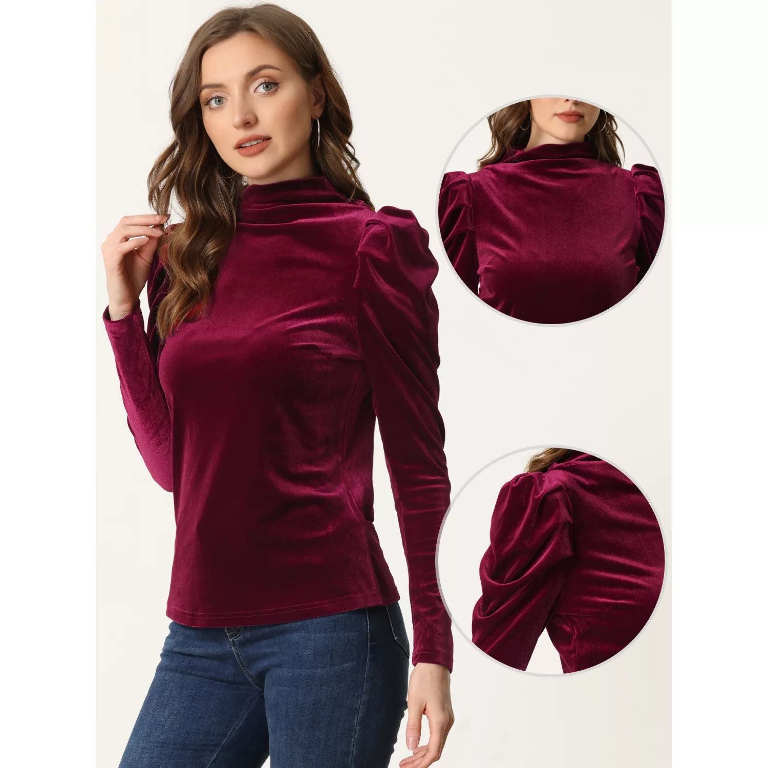 Velvet blouse for women, puffy turtleneck with long sleeves elegant velor top ALLEGRA K