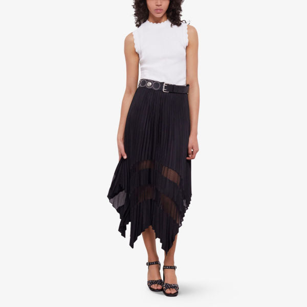 The Kooples Woven Midi Skirt with Sheer Panels and Asymmetrical Hem, Black