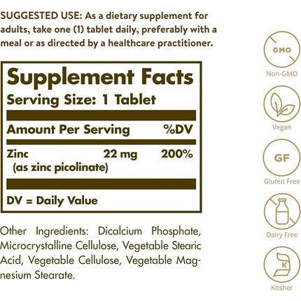 أقراص بيكولينات الزنك، 22 مجم - لصحة البشرة والشعر والأظافر - شكل ممتاز سهل الامتصاص وسهل البلع - للنباتيين، سولجار
