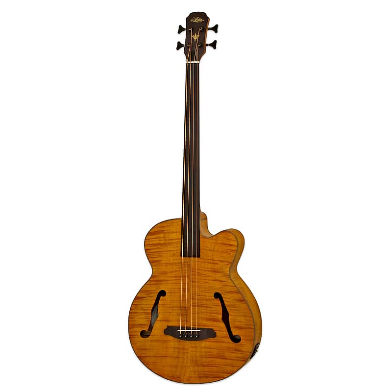 جيتار باس Aria FEB-F2/FL-STBR Flame Nato Top Nato Neck 4-String Fretless Acoustic Guitar مع حقيبة للحفلات الموسيقية - بني مصبوغ