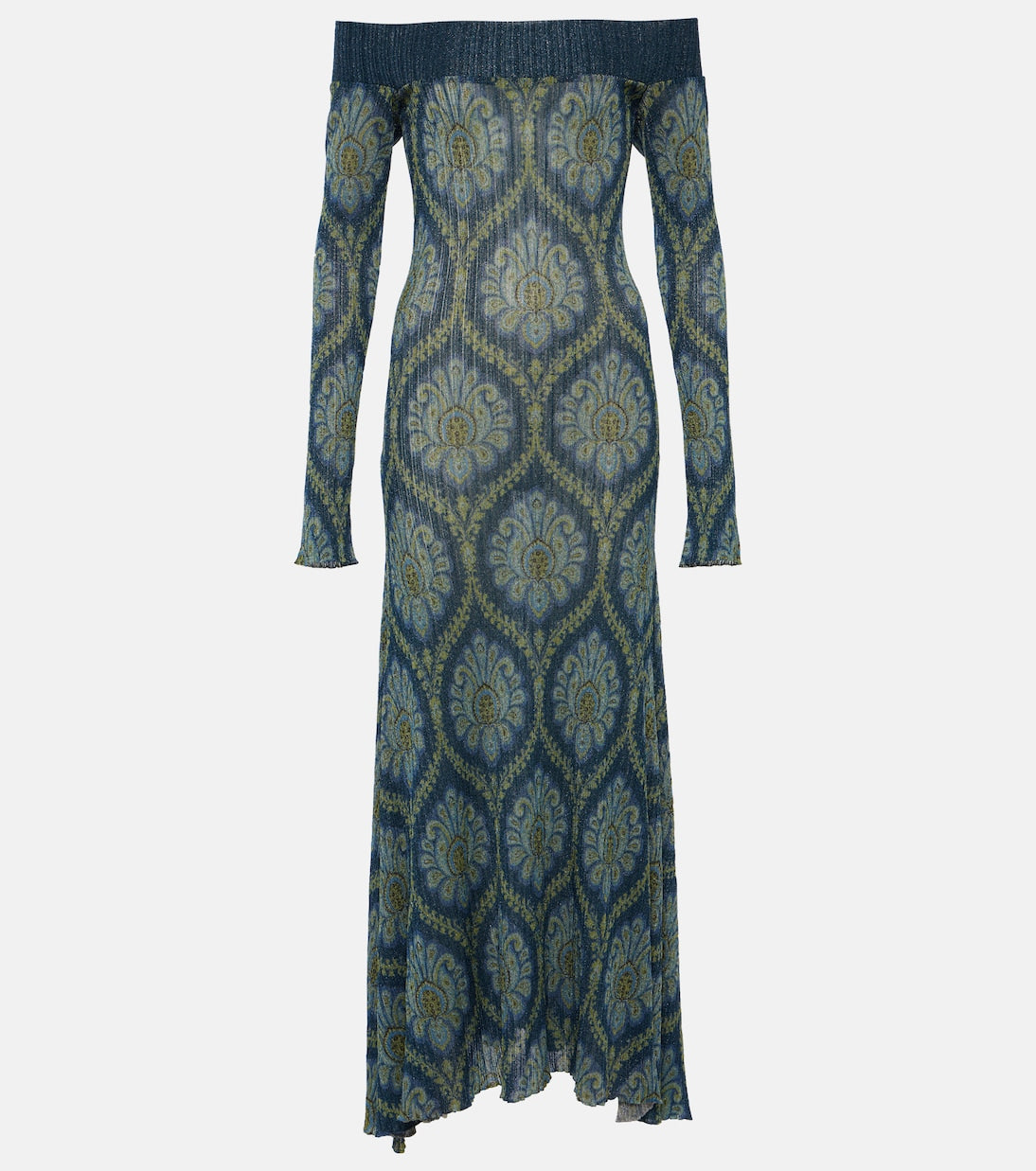 Off-the-shoulder midi dress with Etro print, blue