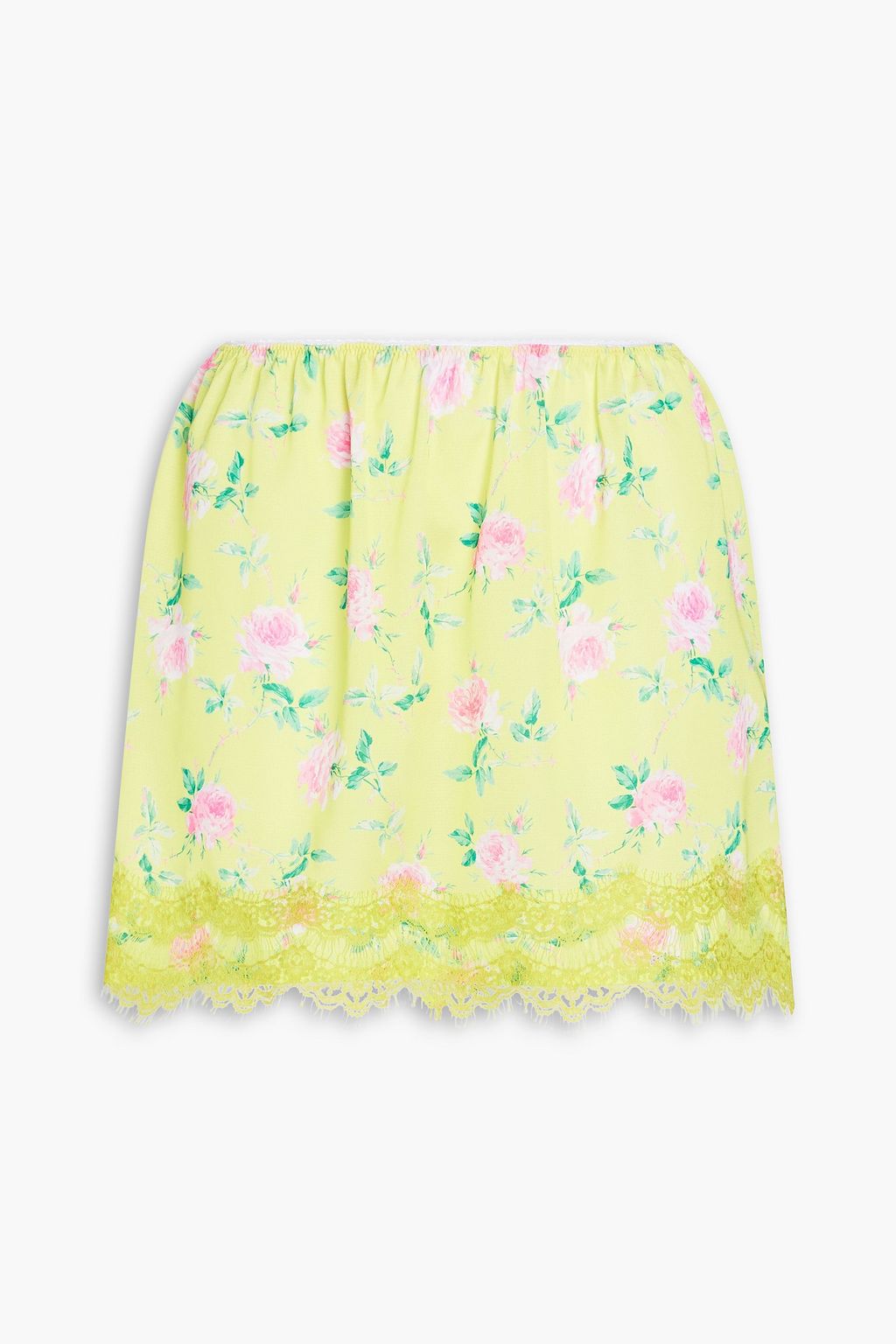 Crepe de Chine miniskirt with lace trim and MSGM floral print, yellow