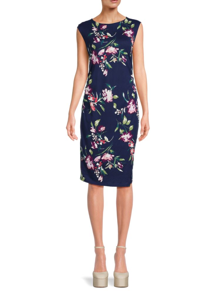 Renee C. Knitted sheath dress with floral print and ruffles, dark blue