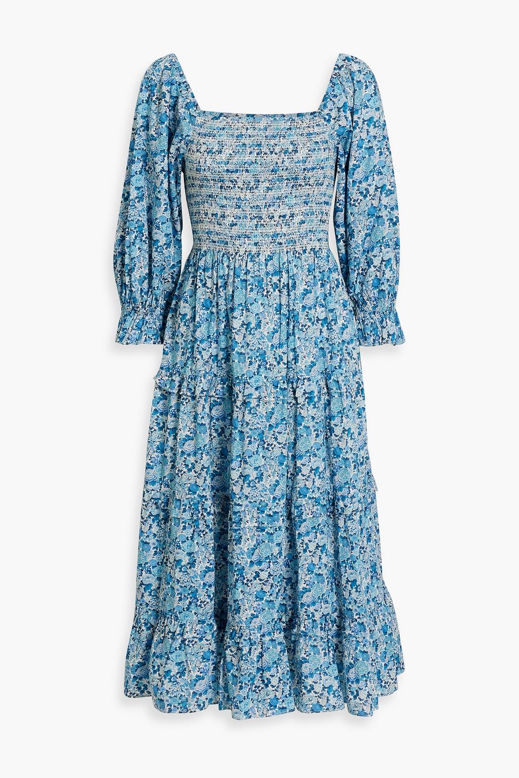 Tiered Minnie Cotton Poplin Ruched Floral Midi Dress LOVESHACKFANCY ,  blue