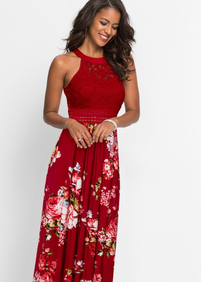 Summer maxi dress with floral print and lace Bodyflirt Boutique, red