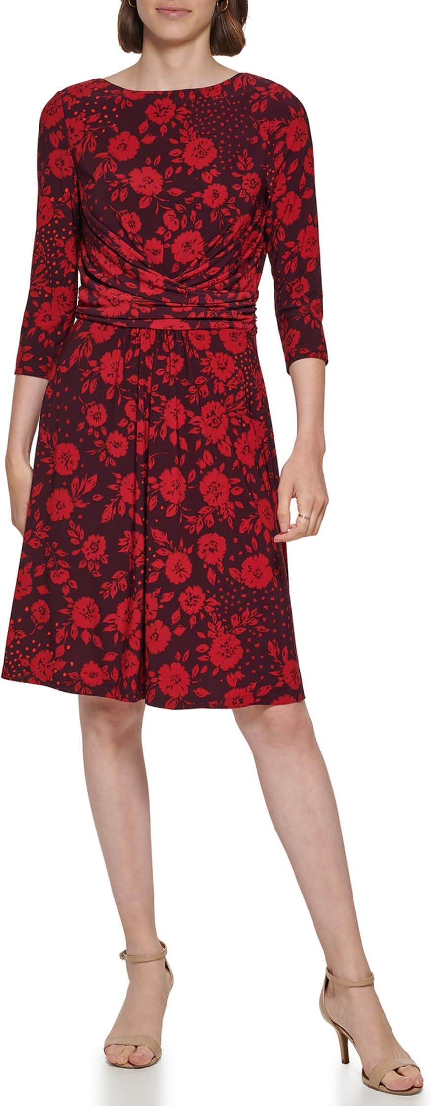 Tommy Hilfiger 3/4 Sleeve Jersey Ruched Fit-and-Flare Dress in Winetasting/Chilli Pepper