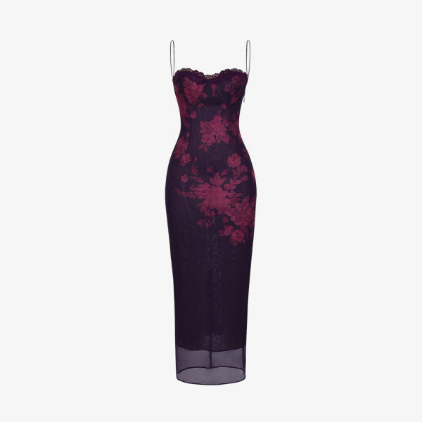 Aiza Floral Stretch Mesh Maxi Dress House Of Cb, Grape