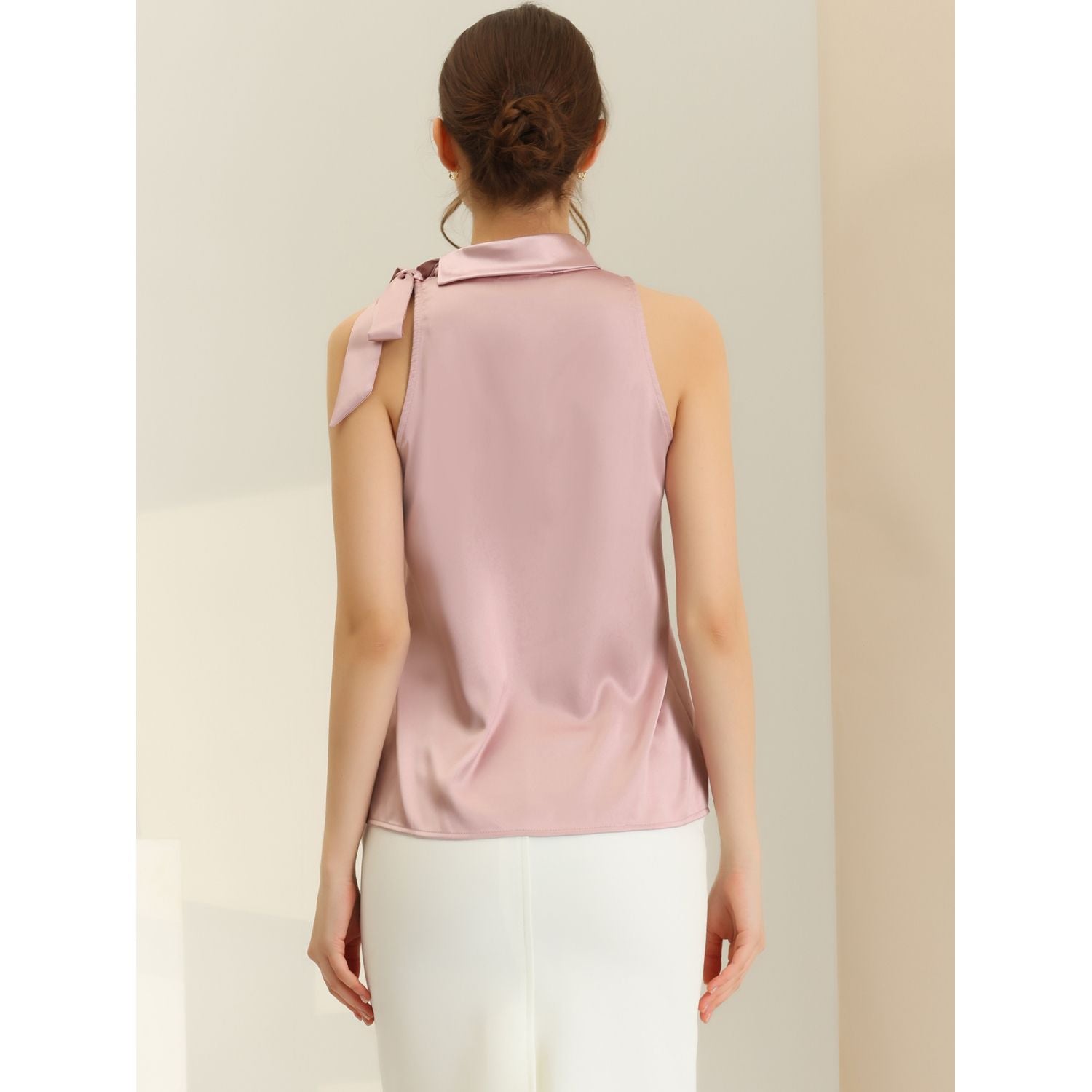 Women's Elegant Satin Solid Sleeveless Work Blouse with Bow Tie and Stand Collar ALLEGRA K ,  pink