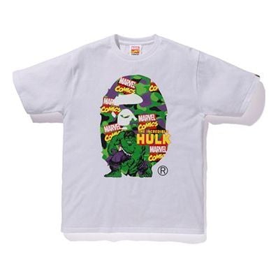 تي شيرت BAPE Marvel Crossover أخضر مطبوع بأكمام قصيرة للجنسين أبيض، أبيض