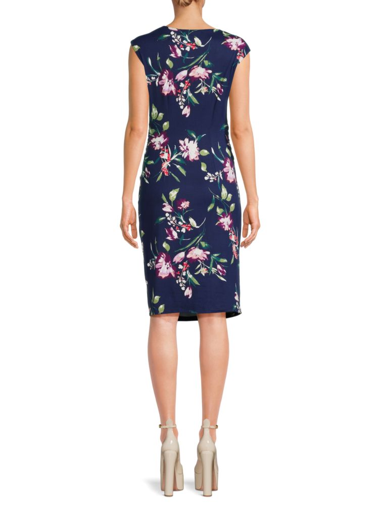 Renee C. Knitted sheath dress with floral print and ruffles, dark blue