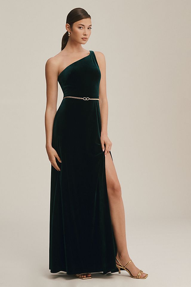 Velvet Jenny Yoo Cybill elastic one shoulder dress with side slit, dark emerald