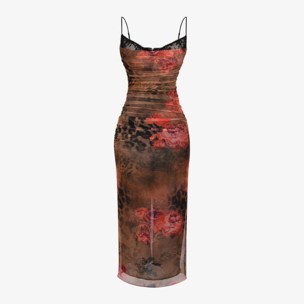 Nalini Stretch Mesh Midi Dress in Floral and Leopard Print House Of Cb color printed