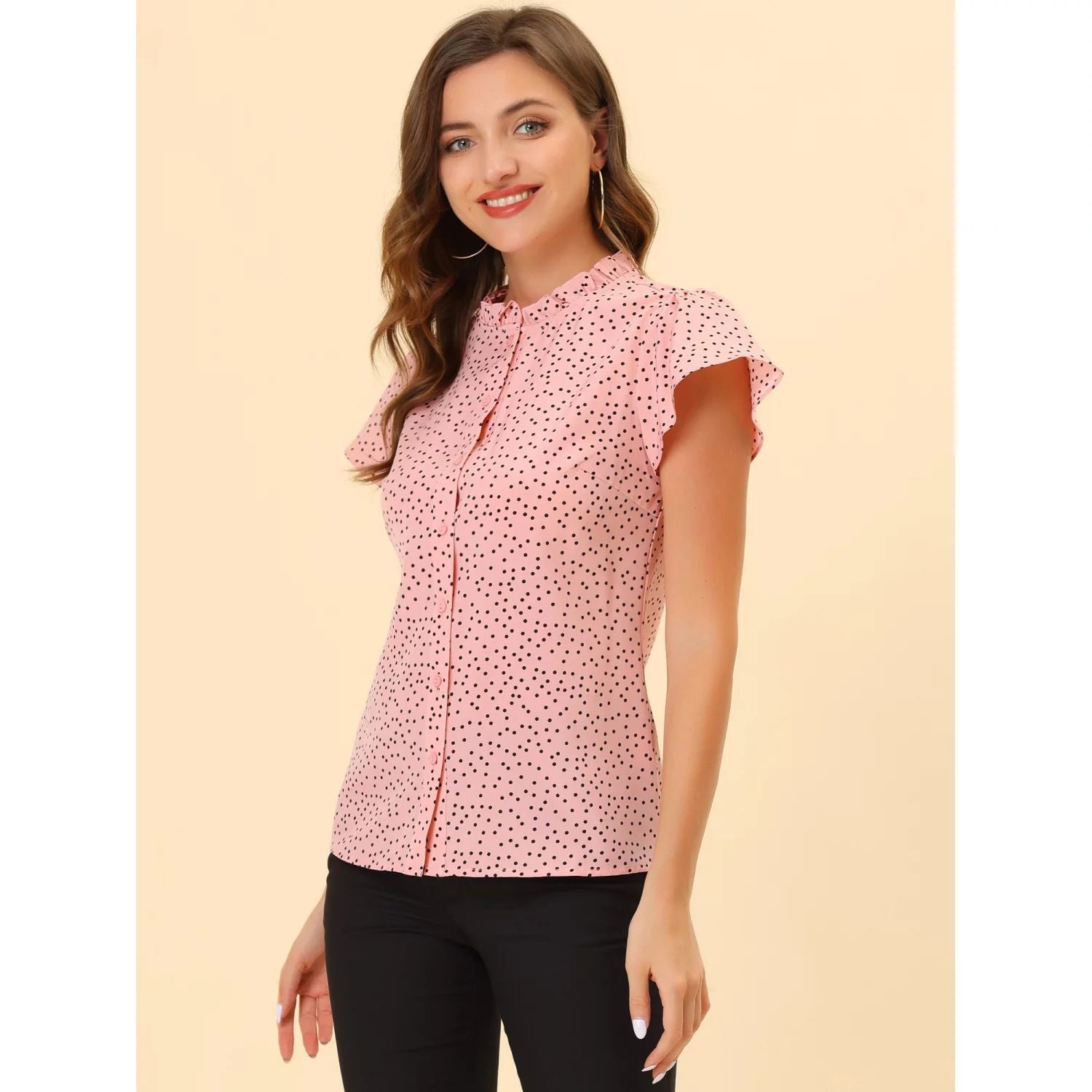 Women's summer button-down blouses with ruffles and stand-up collar with polka dots ALLEGRA K shirts