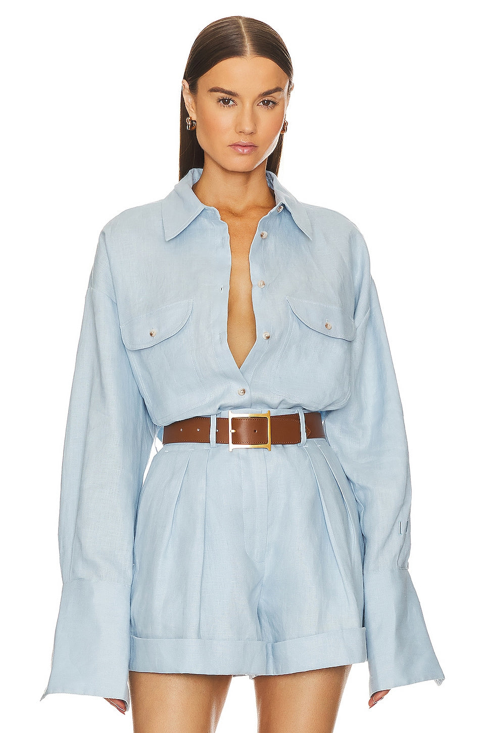 Helsa Linen Button Down Shirt, Chambray Blue