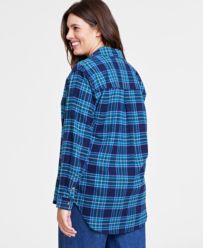 On 34th Women's Cotton Flannel Plaid Tunic Shirt, Blue