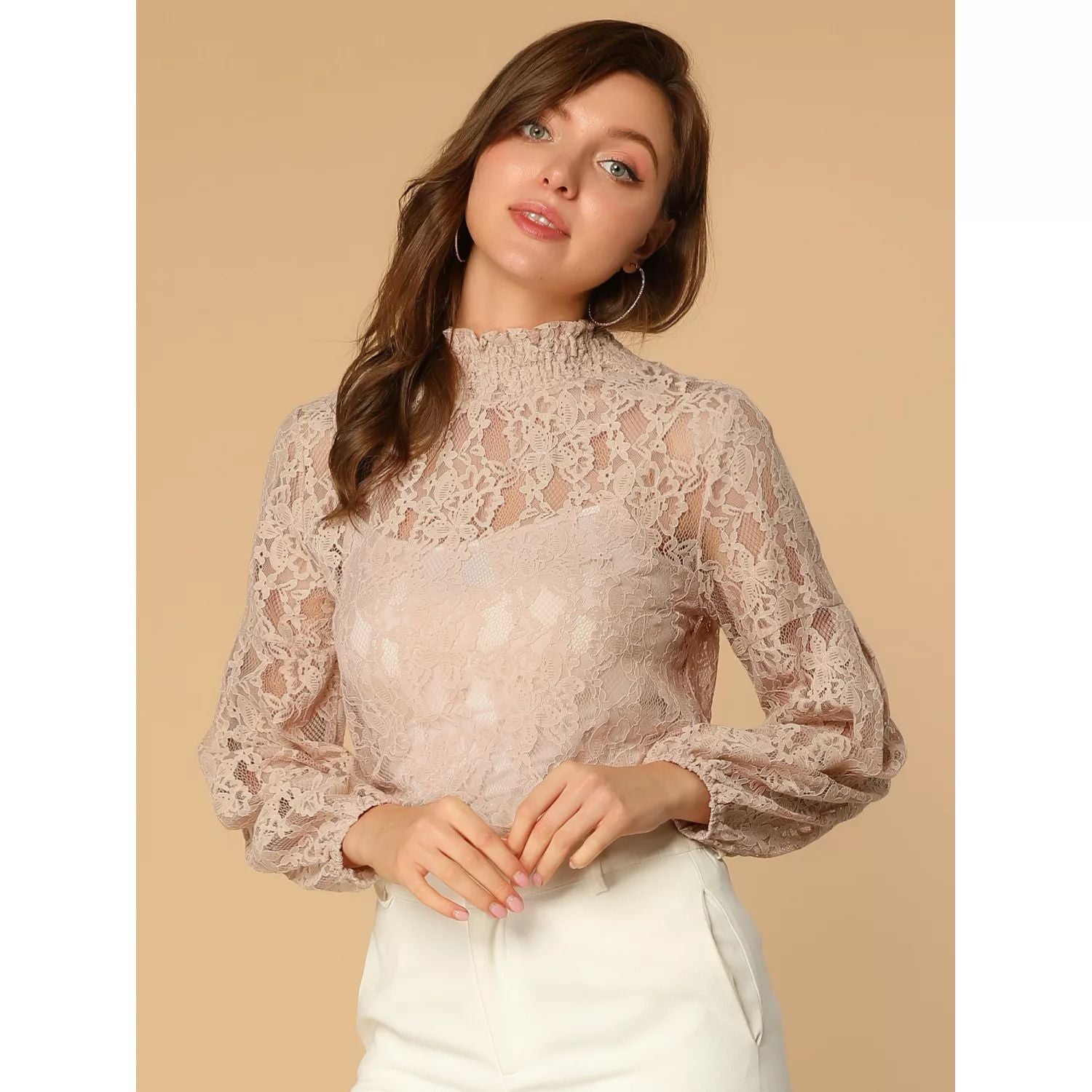 Women's Sheer Blouse with Lace Top and Floral Print with puff collar and long sleeves ALLEGRA K, pink