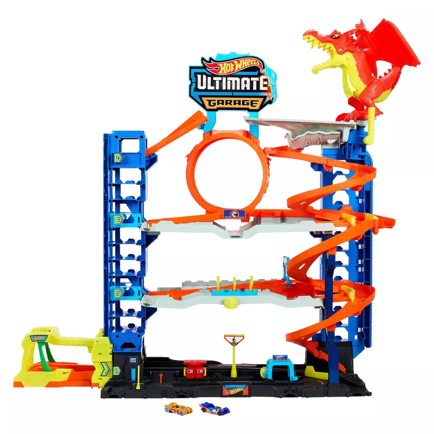 Mattel Hot Wheels City Ultimate Garage playset with 2 die-cast cars and toy storage for 50+ Mattel cars