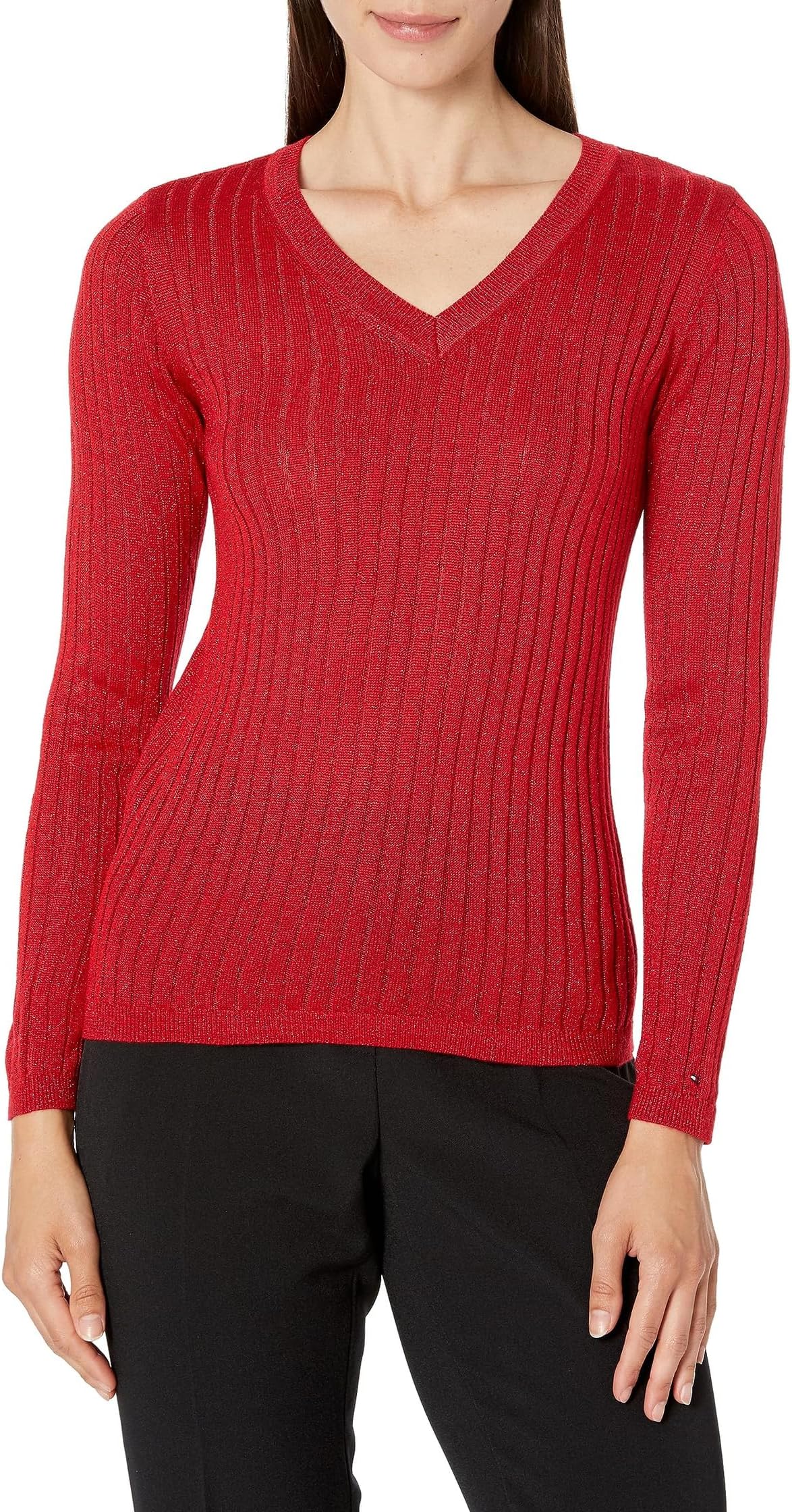 Tommy Hilfiger Ribbed Lurex V-Neck Sweater in Scarlet