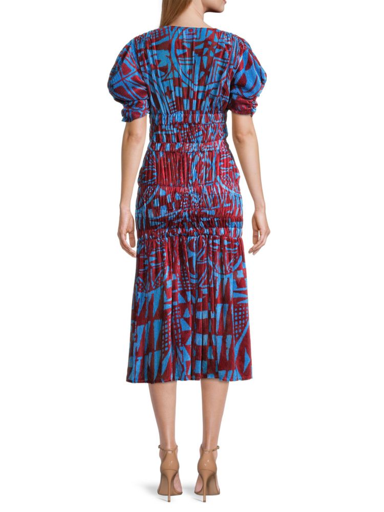 Stella Jean Velvet Ruched Midi Dress, Blue Multi