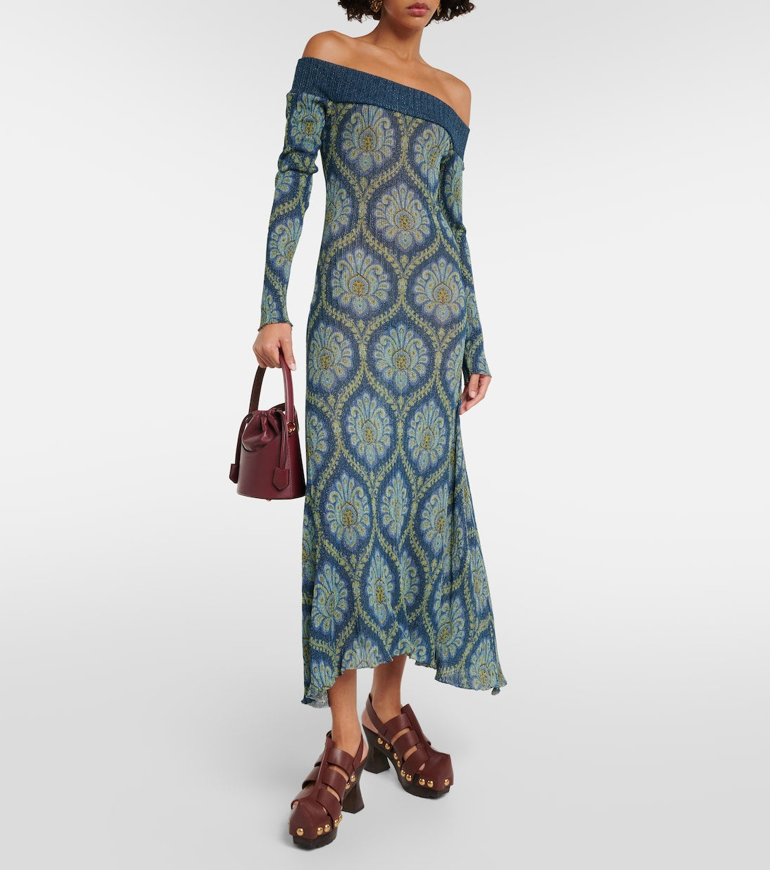 Off-the-shoulder midi dress with Etro print, blue