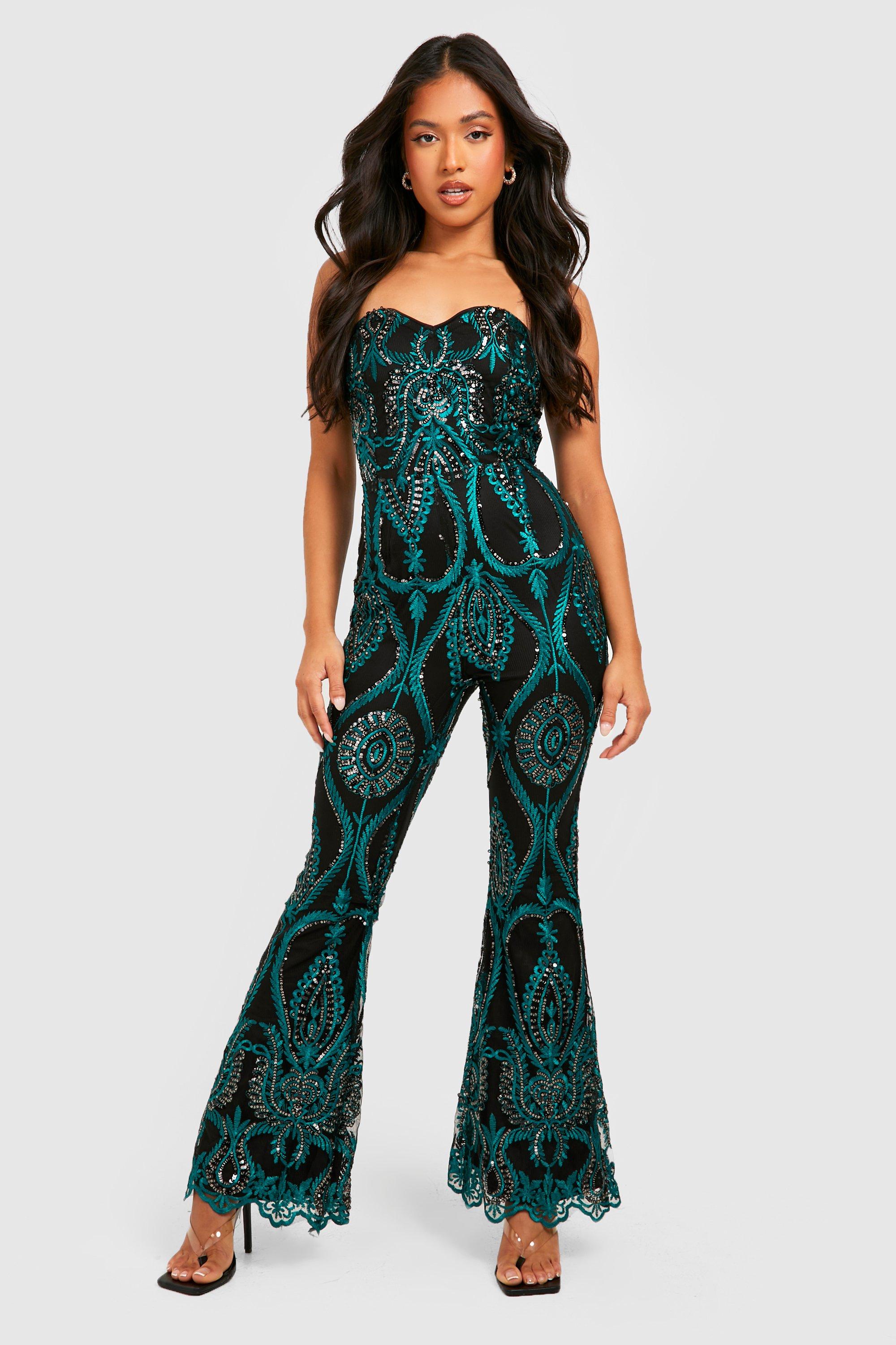 Boohoo Small Damask Sequin Bandeau Jumpsuit, Turquoise