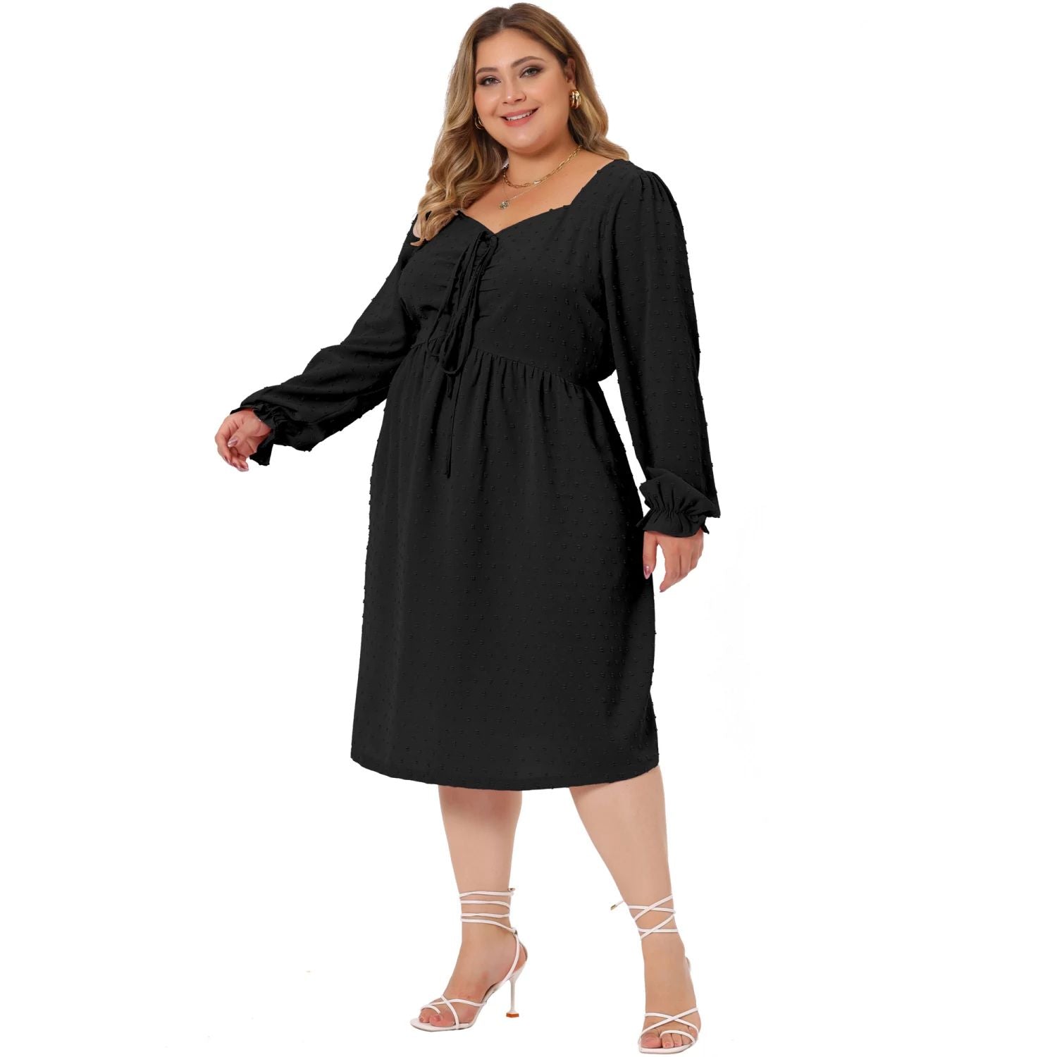 Women's plus size midi dresses with long sleeves cute dress with V-neck and bow tie, with ruffles Agnes Orinda Boho Swiss Polka Dot Babydoll Dress, Black