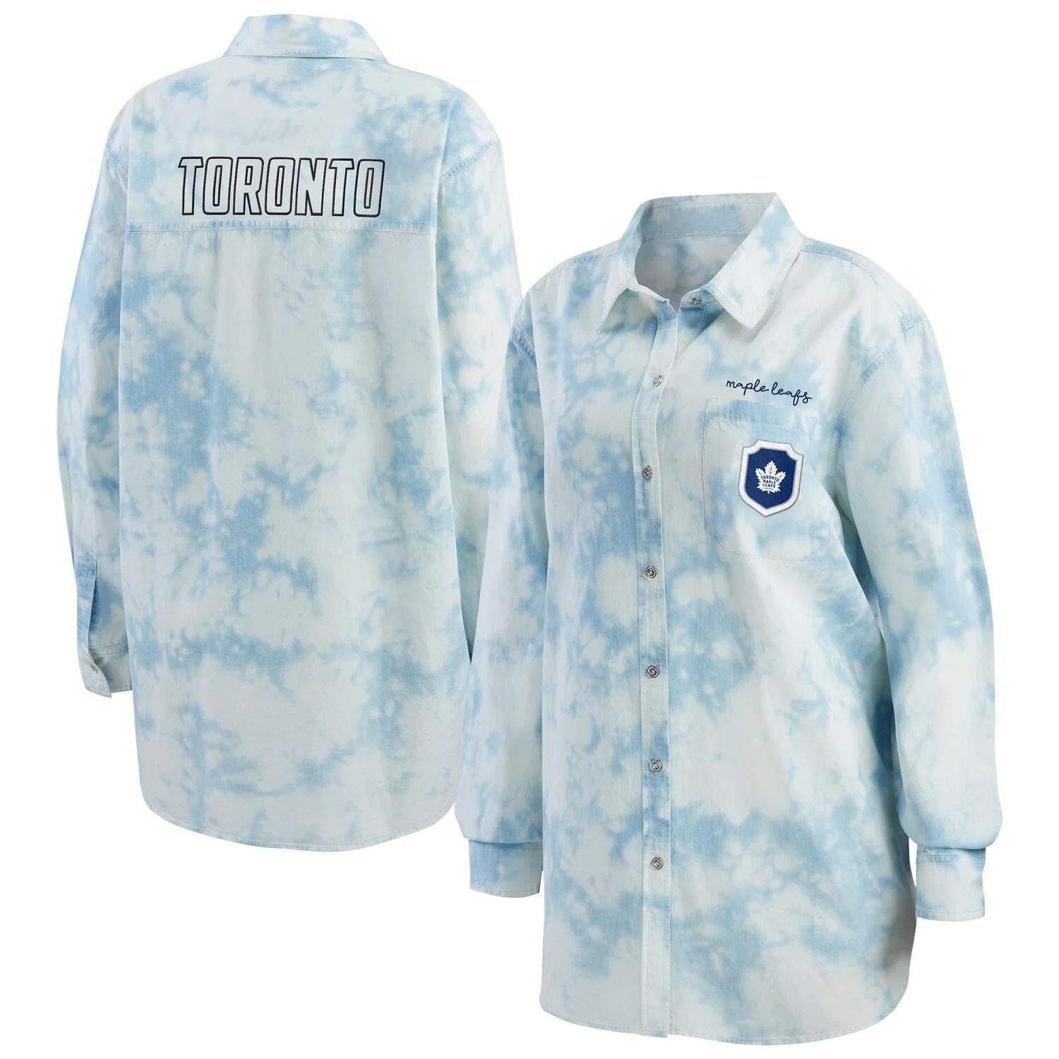 Women's Clothing by Erin Andrews Toronto Maple Leafs White Tie-Dye Oversized Denim Button Down Shirt