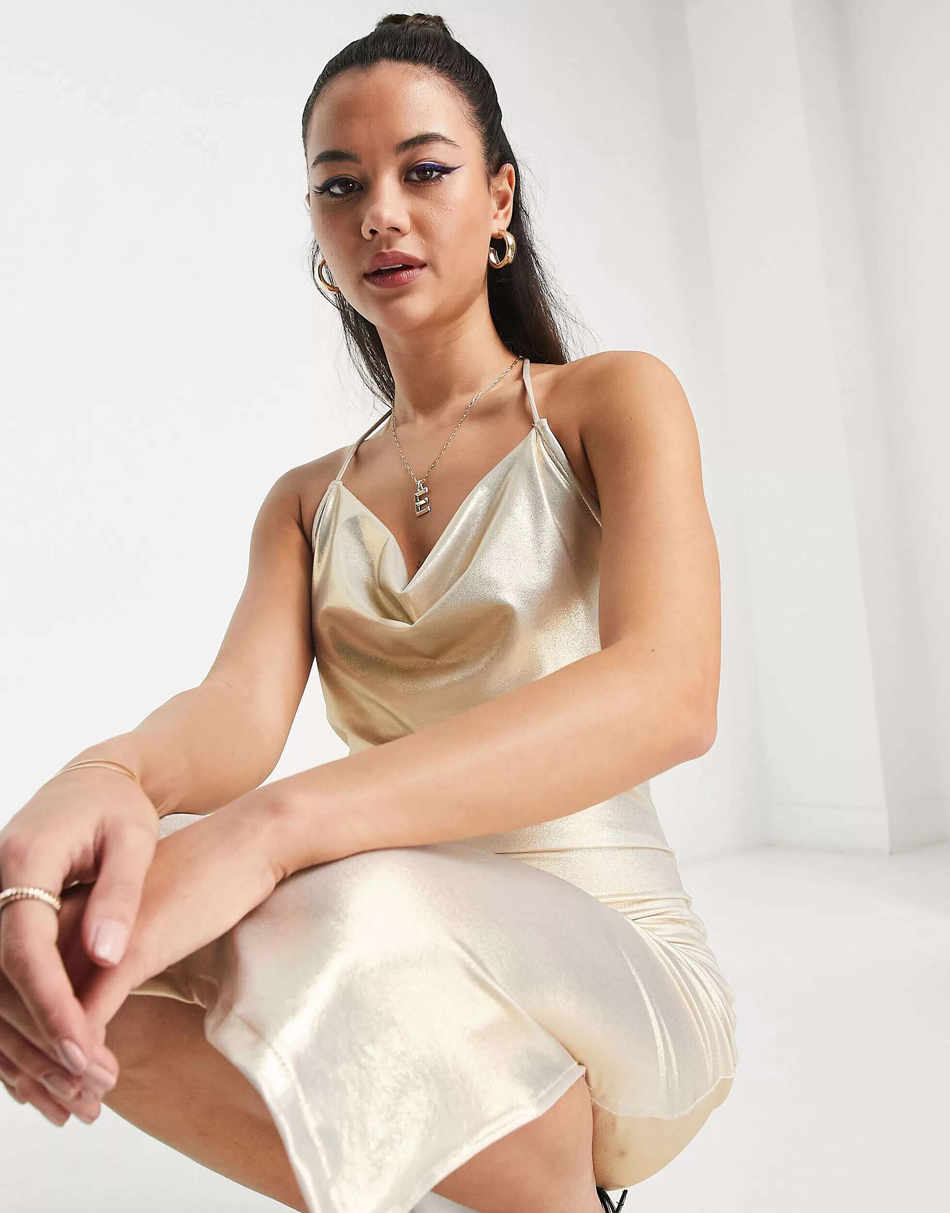 Monki Cowl Neck Midi Dress with Metallic Gold Straps