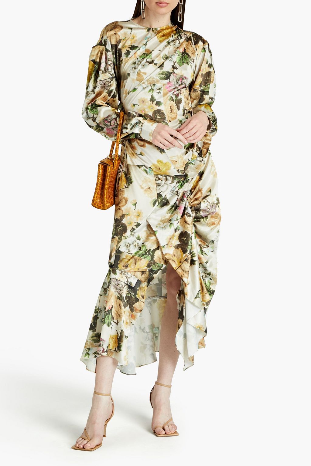 Preen By Thornton Bregazzi Draped Floral Satin Midi Dress, Cream