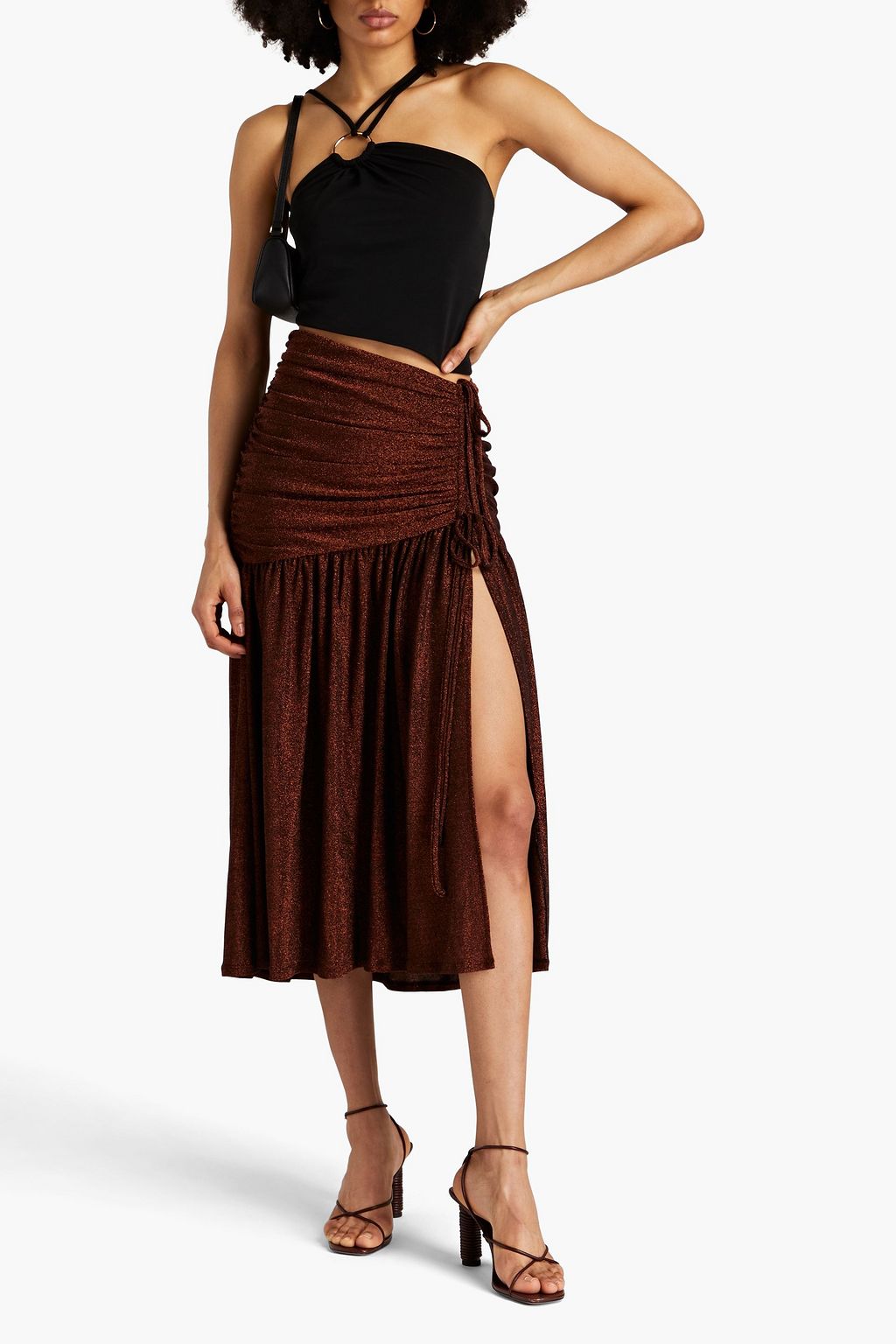 Jayde ruched metallic jersey midi skirt NICHOLAS, copper