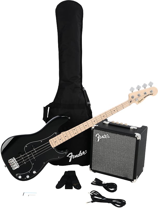 Squier Affinity Series Precision Bass PJ Pack باللون الأسود مع لوحة أصابع من خشب القيقب 0372981006