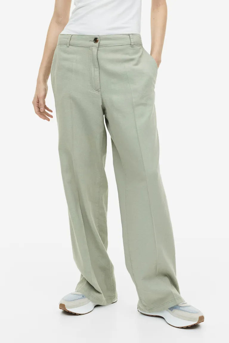 H&M Linen Twill Blend Trousers, Light Khaki Green