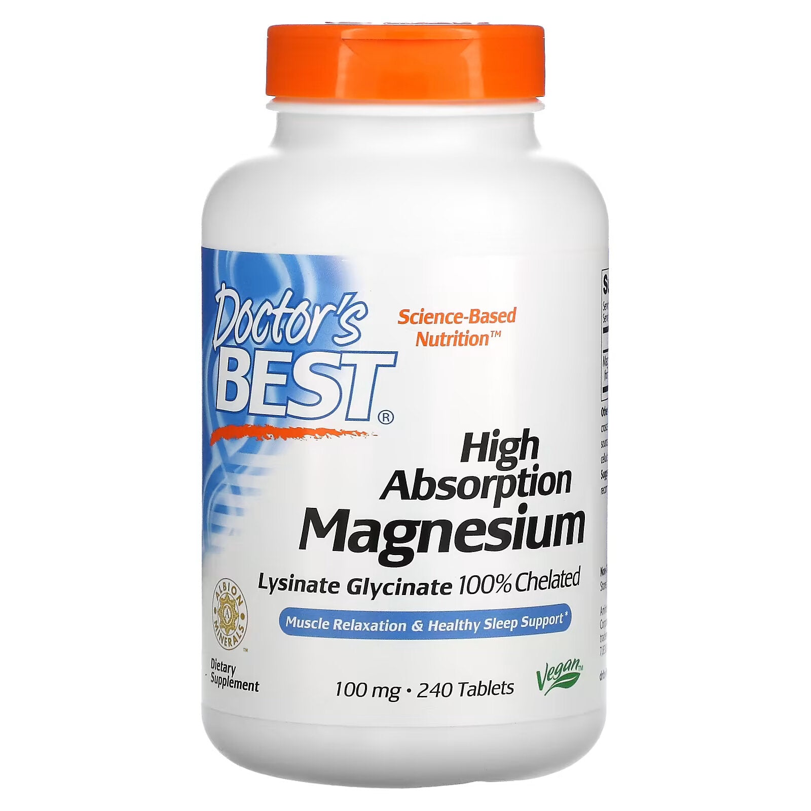 Doctor's Best, 100% Chelated Magnesium with Albion Trace Minerals, 100 mg, 240 Tablets