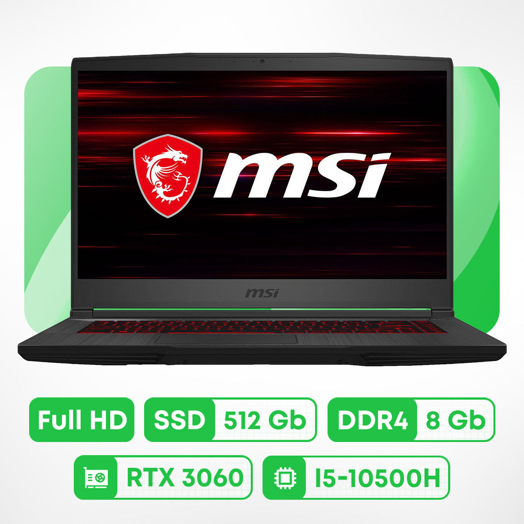 لابتوب ألعاب MSI GF65، 15.6 بوصة، 8 جيجابايت/512 جيجابايت، i5-10500H، RTX 3060، أسود، لوحة مفاتيح إنجليزية