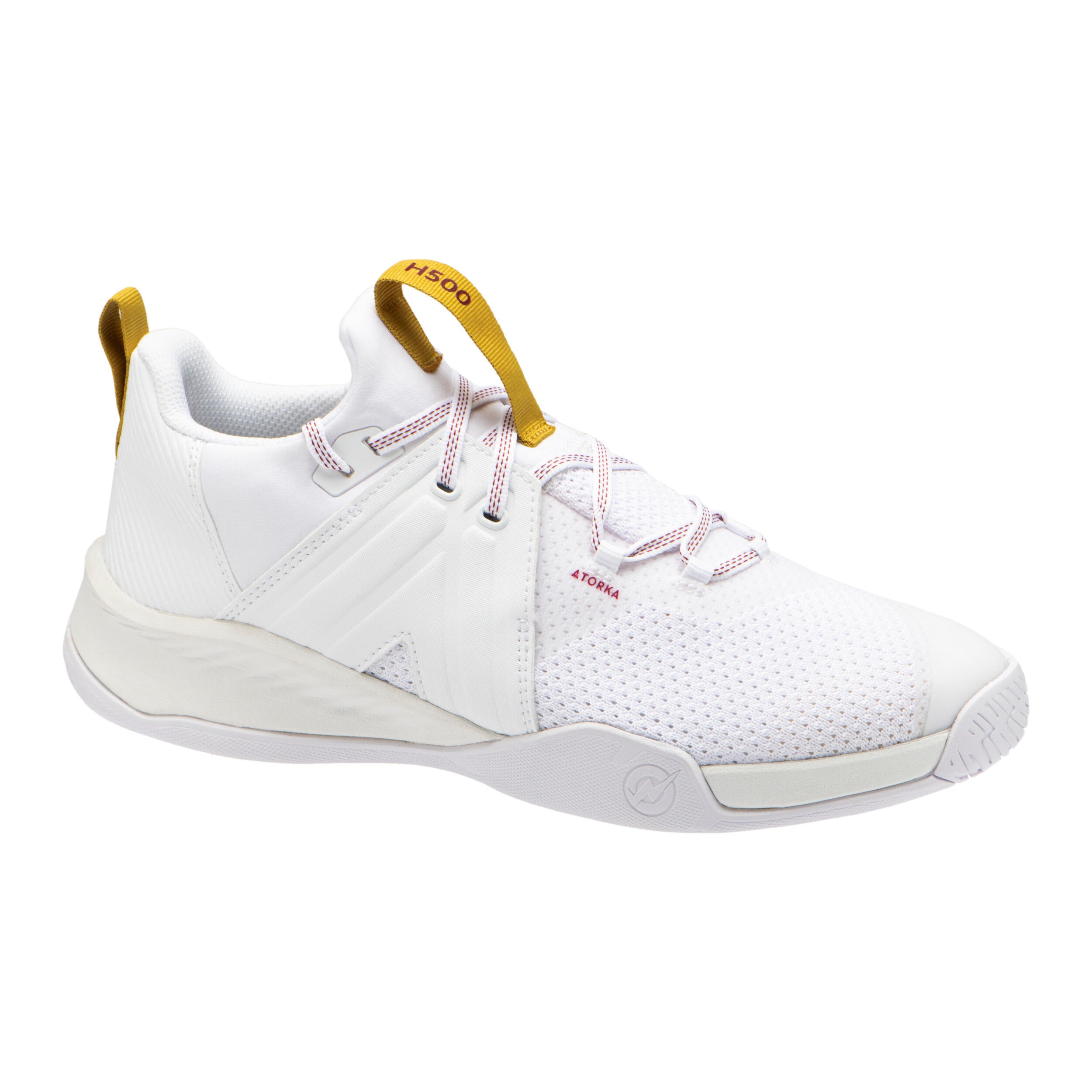 Men's/women's handball sneakers - H500 Faster white ATORKA white/ochre yellow/burgundy