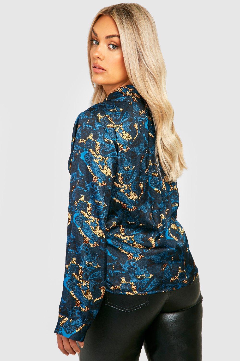 Boohoo Leopard Paisley Satin Plus Shirt Blue