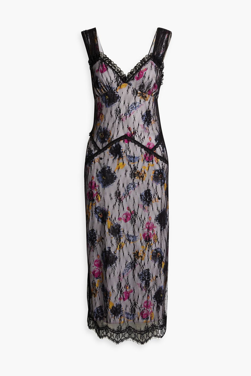 ANNA SUI Layered Crepe De Chine and Lace Floral Midi Dress, Black