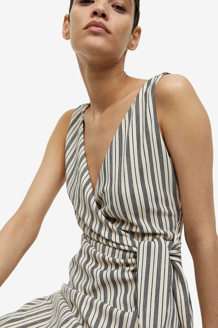 H&M V-neck wrap dress, light beige/striped