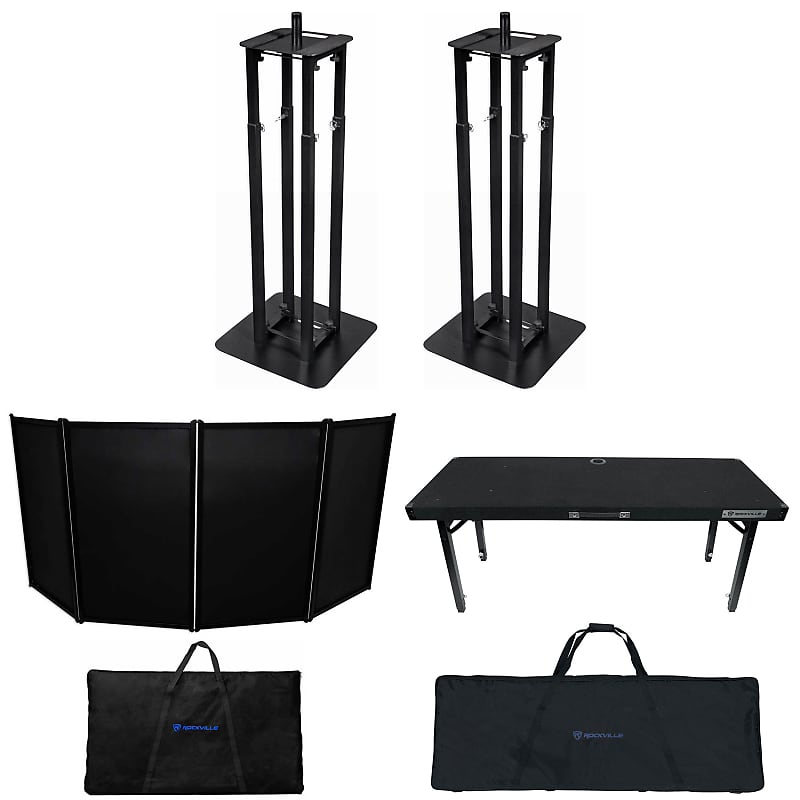 DJ Package with Black Front Booth + Bag + 2) Totem Stands + Rockville Folding Adjustable DJ Table RFAAC+RTBL4+(2) RTP32B DJ PACKAGE