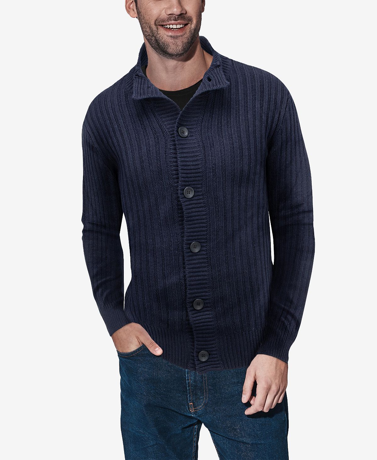 X-Ray Men's Ribbed Knitted Cardigan with Stand Collar Button Down, Blue