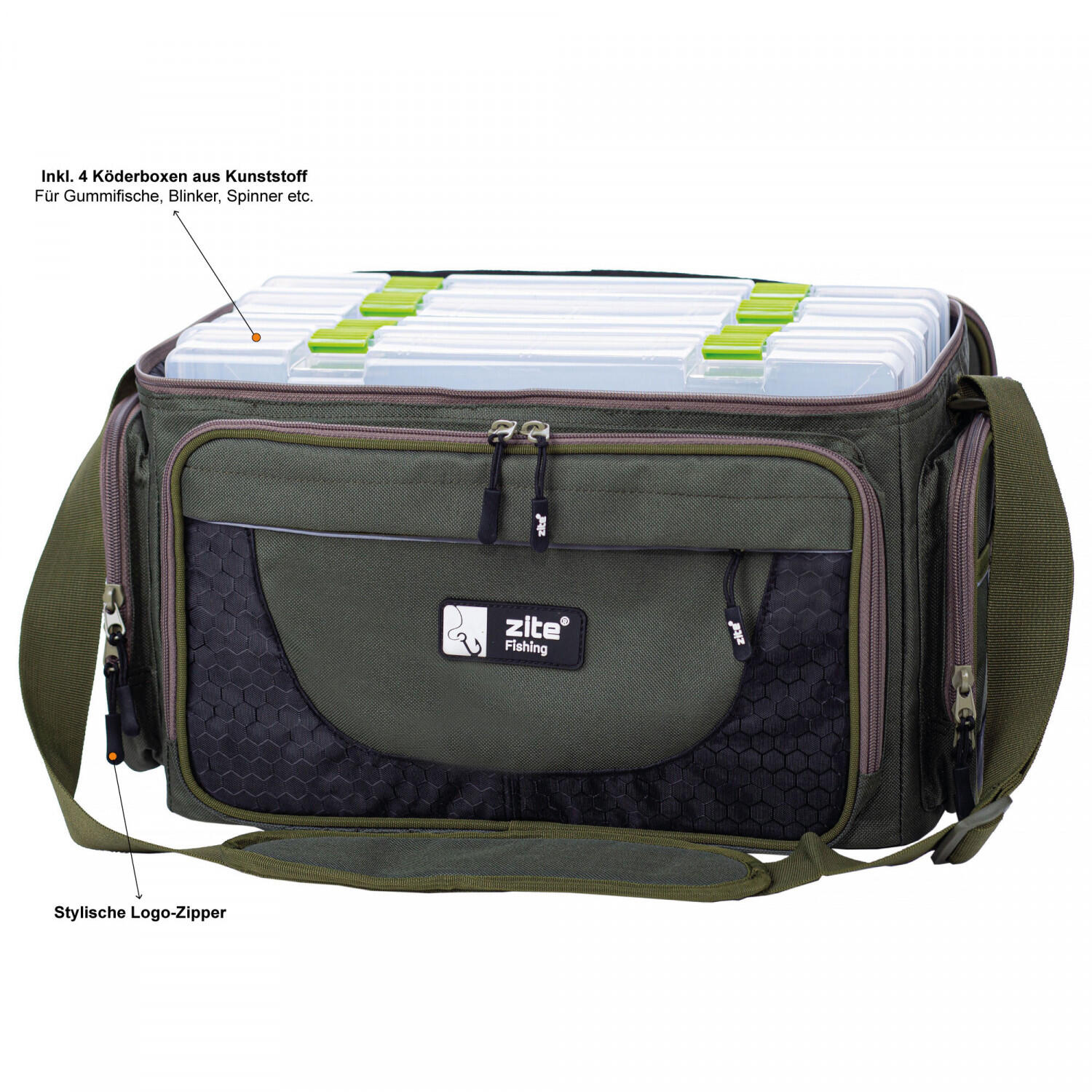 Fishing bag with tackle boxes and shoulder strap measuring 43 cm .  ZITE, green