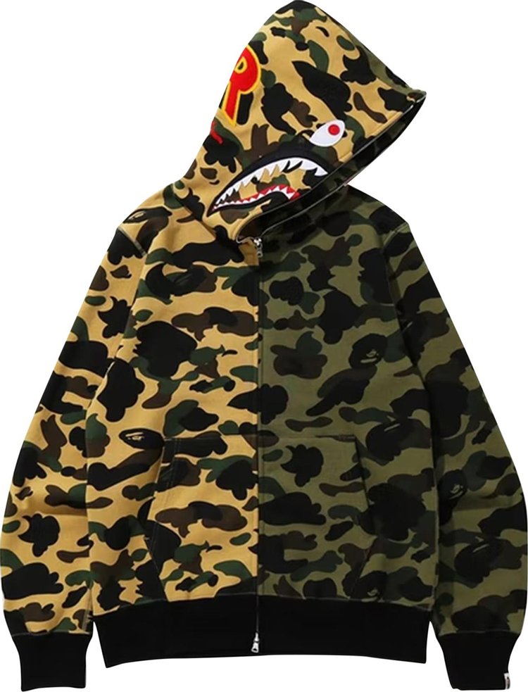 هودي بسحاب كامل ونقشة نصف سمكة قرش من مجموعة BAPE 1st Camo باللون الأخضر/الأصفر، متعدد الألوان