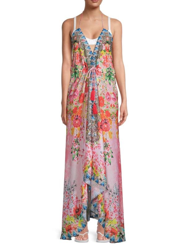 Ranee's beach maxi dress with floral print and tassels, multicolor