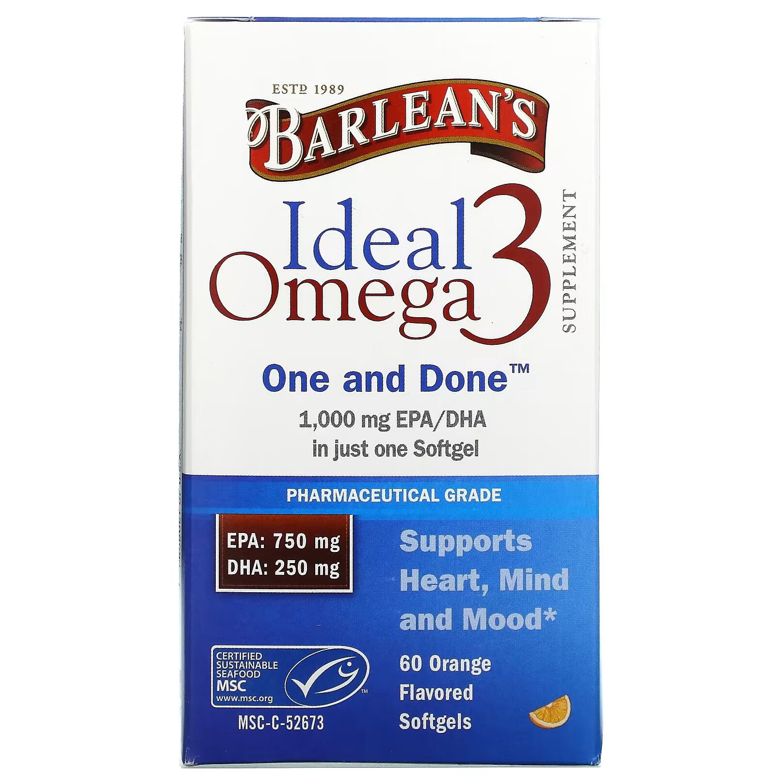 Barlean's, Ideal Omega 3, Orange, 1000 mg EPA/DHA, 60 Softgels