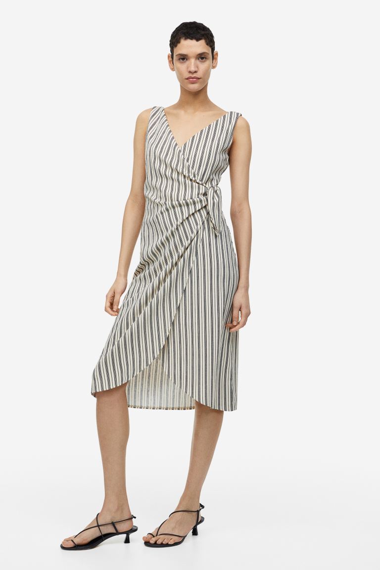 H&M V-neck wrap dress, light beige/striped