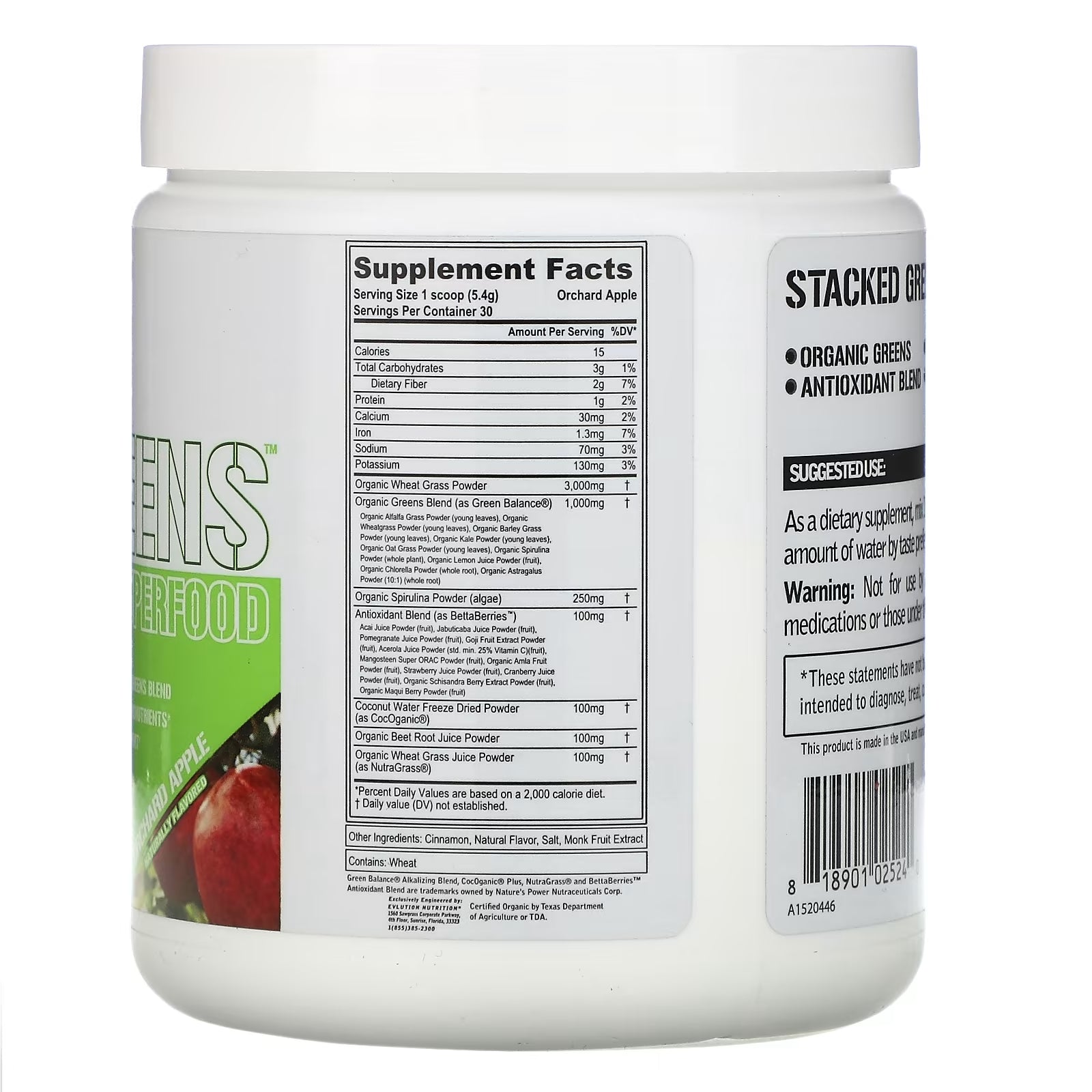 EVLution Nutrition Stacked Greens Raw Superfood, Apple Orchard, 162 g