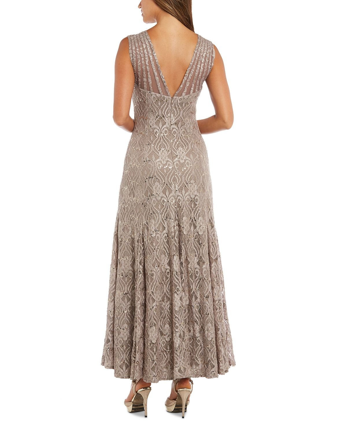 R&M Richards Women's Long Illusion Lace Embellished Dress