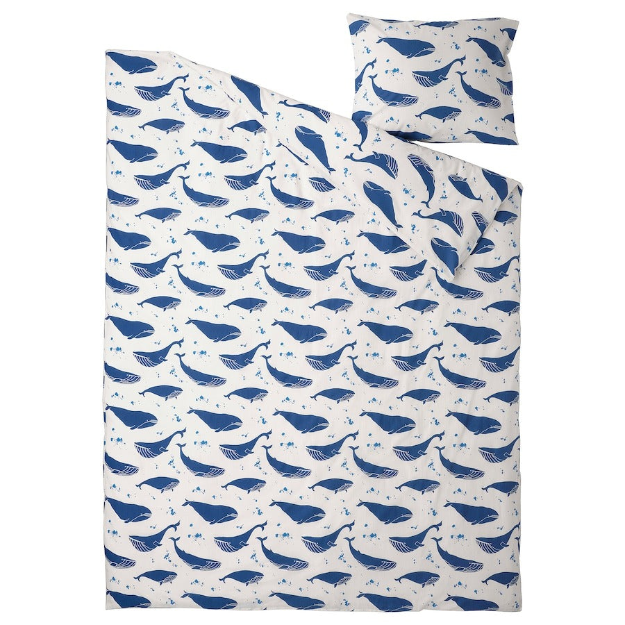 Bed linen Ikea Blavingad Duvet Cover And Pillowcase Whale Pattern, 150x200/50x60 cm, blue/white